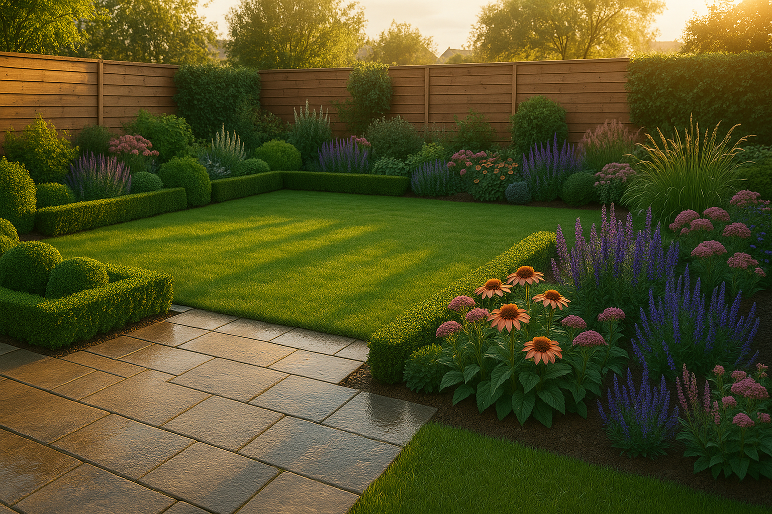 Sfeervolle moderne tuin met strak gazon, border en terras